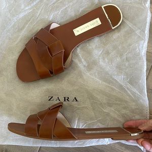 Zara leather brown flat sandals size 38